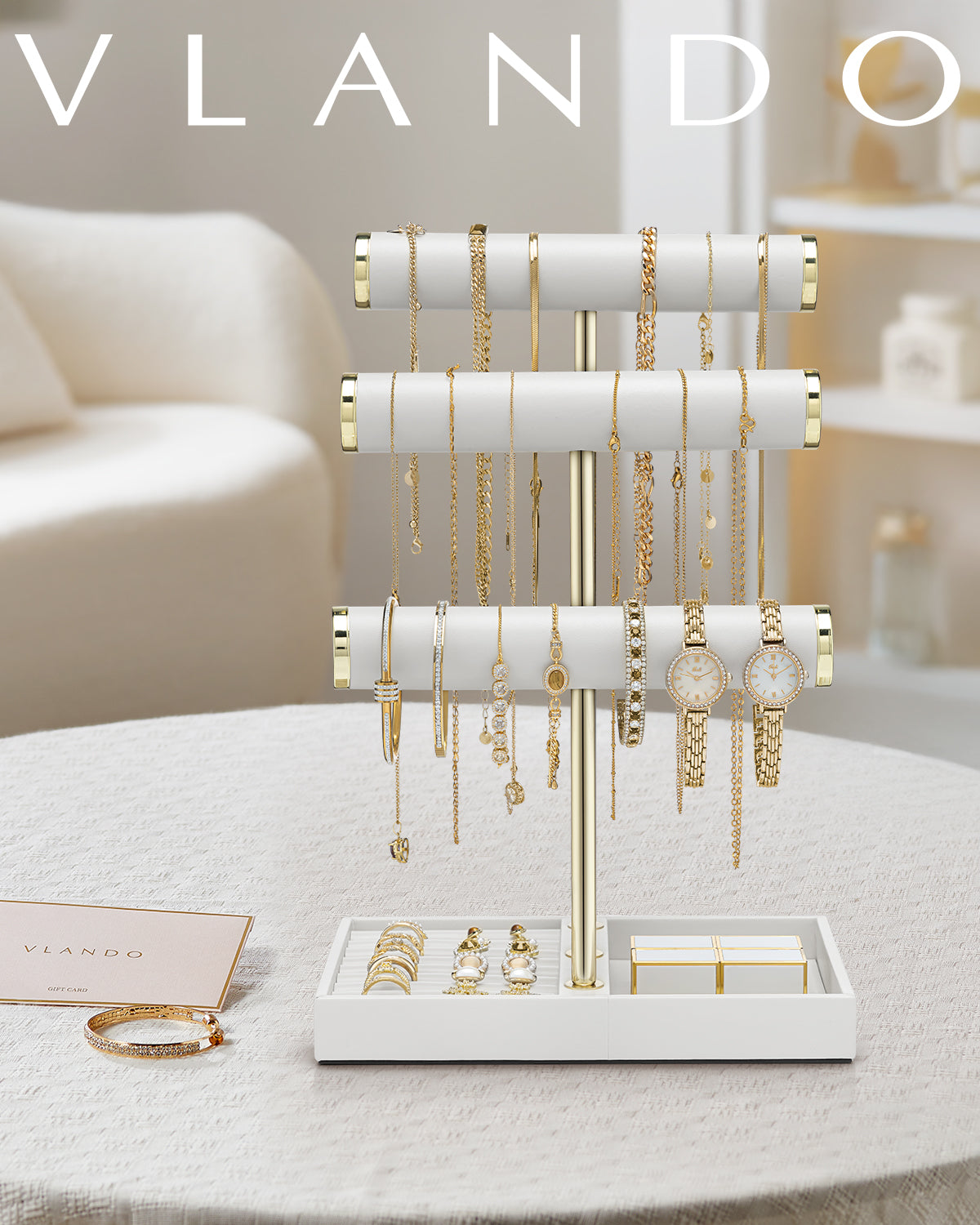 VLANDO Quiet Luxe 3-Tier Jewelry Holder Organizer with Tray | Leather Jewelry Display & Storage Stand