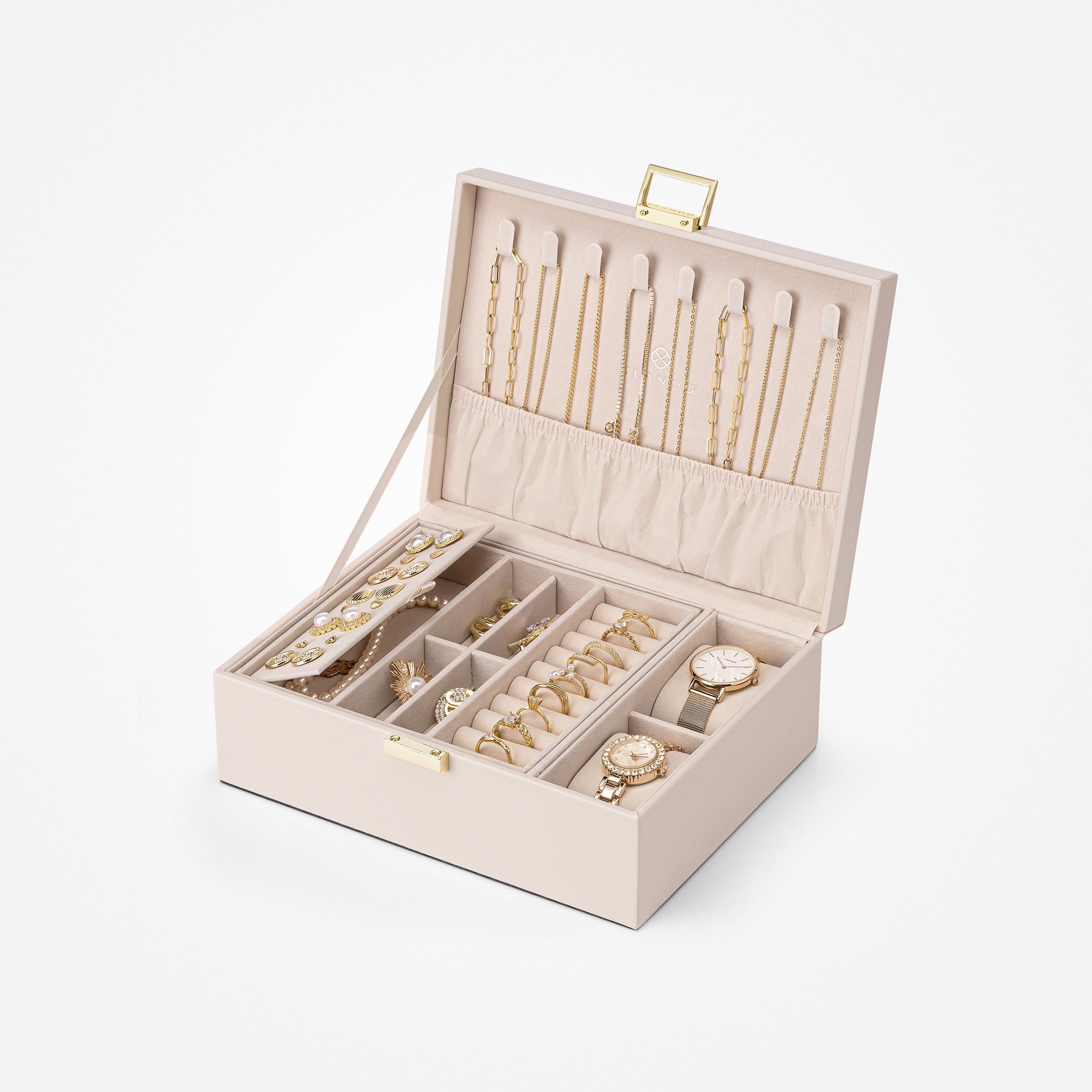 VLANDO Everyday Keepsake 2-Layer Large Leather Jewelry Box Organizer with Removable Tray & Watch Pillow