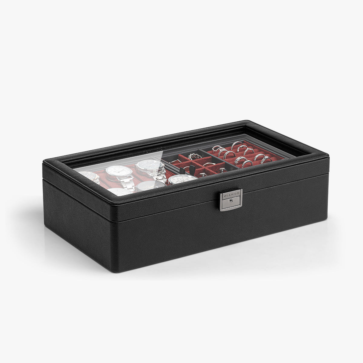 VLANDO Large 6-Slot Lockable Watch Box Organizer with Glass Lid & Accessory Storage