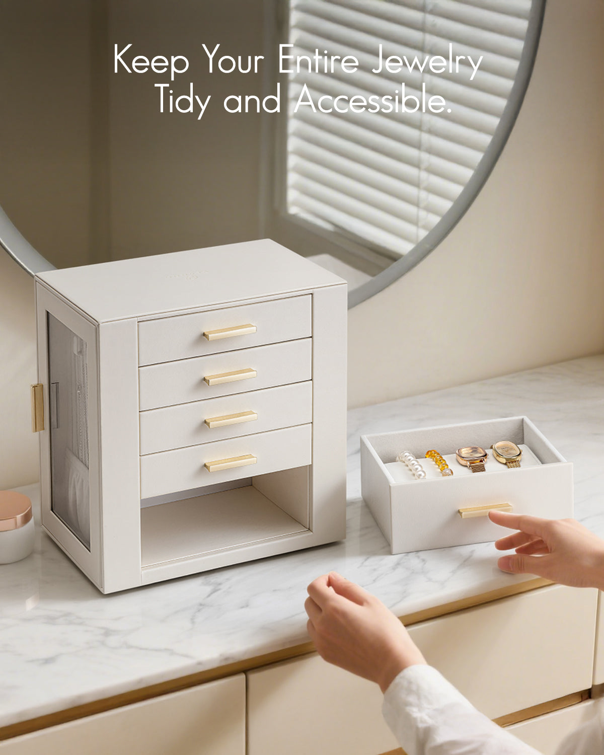 VLANDO Quiet Luxe 360° Rotating Jewelry Box with 5 Drawers,,Large Jewelry Organizer with 2 Glass Window