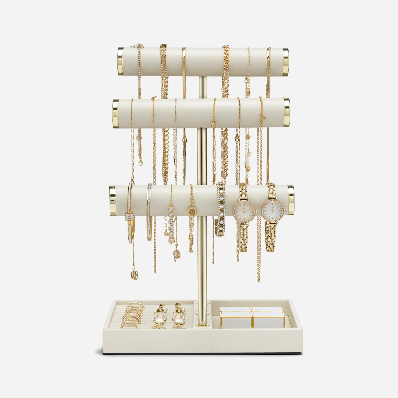 VLANDO Quiet Luxe 3-Tier Jewelry Holder Organizer with Tray | Leather Jewelry Display & Storage Stand