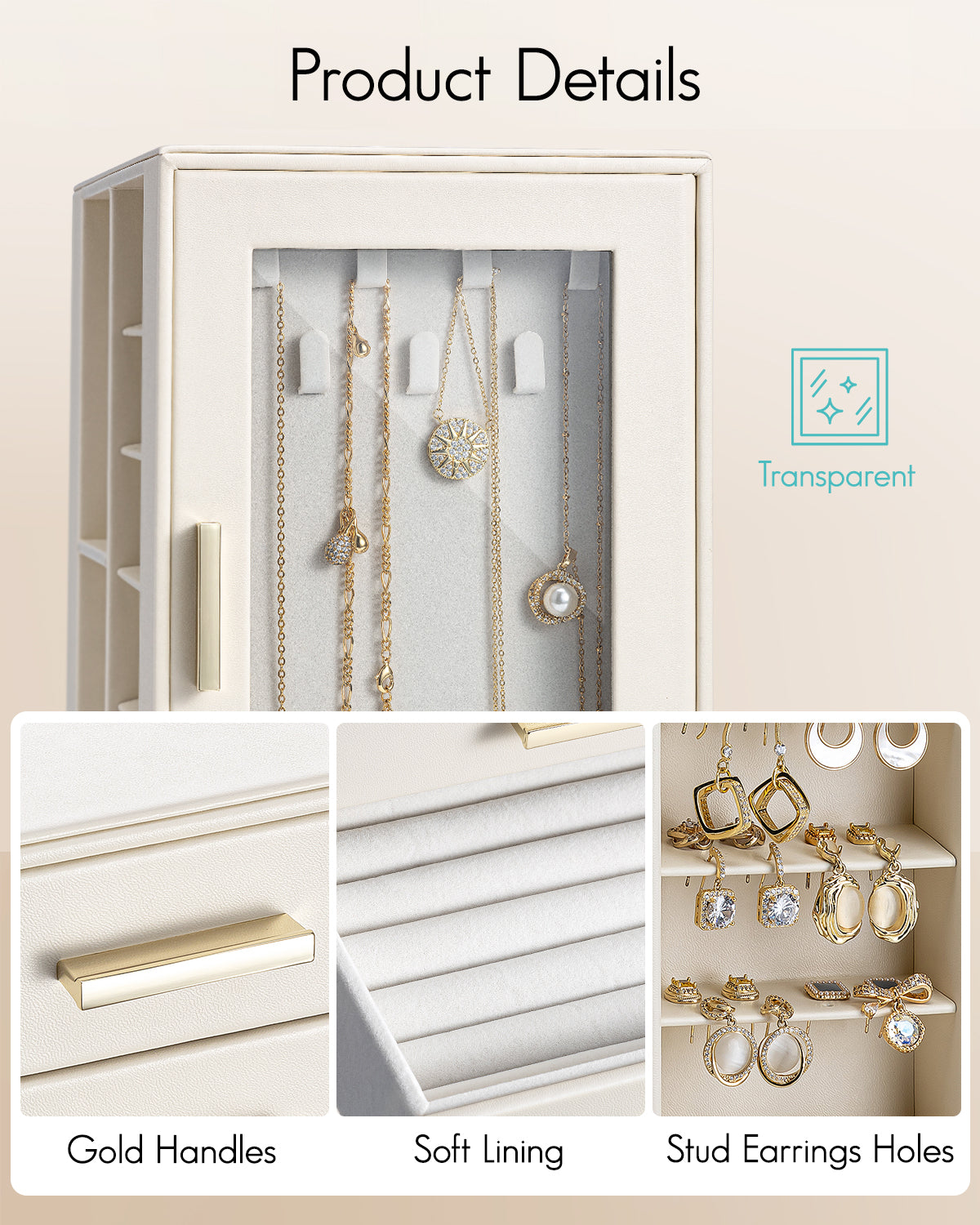 VLANDO Quiet Luxe 360° Rotating Jewelry Box with 5 Drawers,,Large Jewelry Organizer with 2 Glass Window