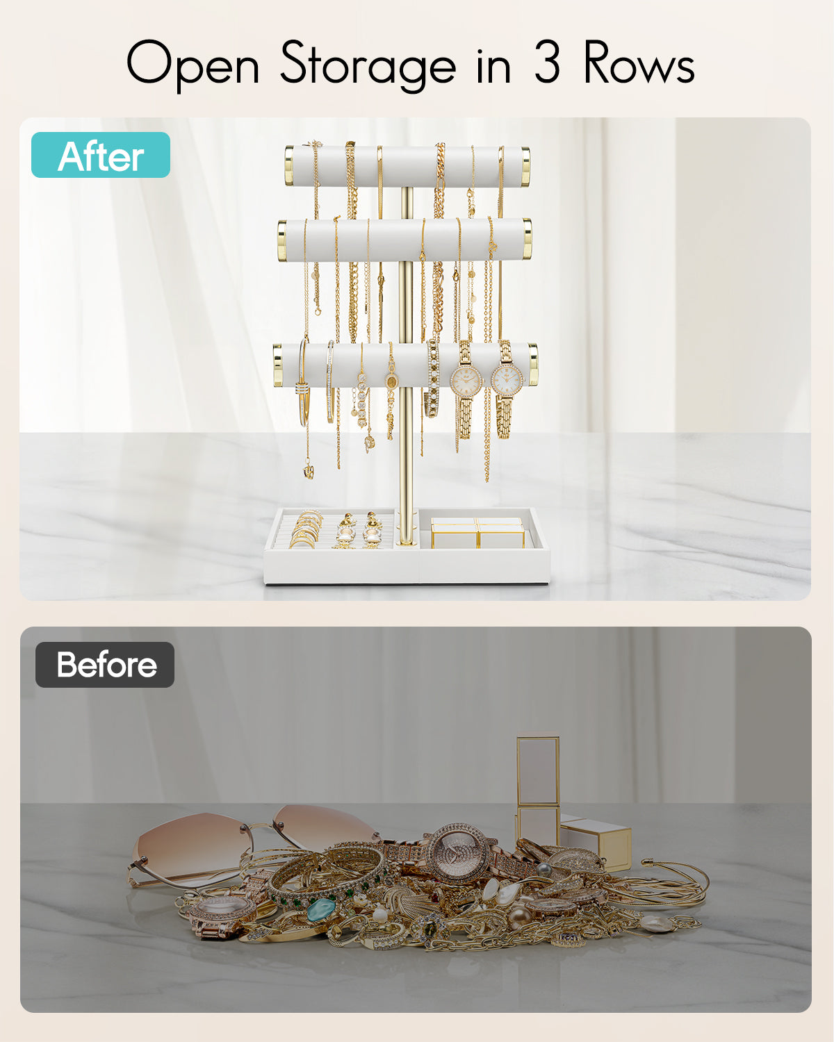 VLANDO Quiet Luxe 3-Tier Jewelry Holder Organizer with Tray | Leather Jewelry Display & Storage Stand