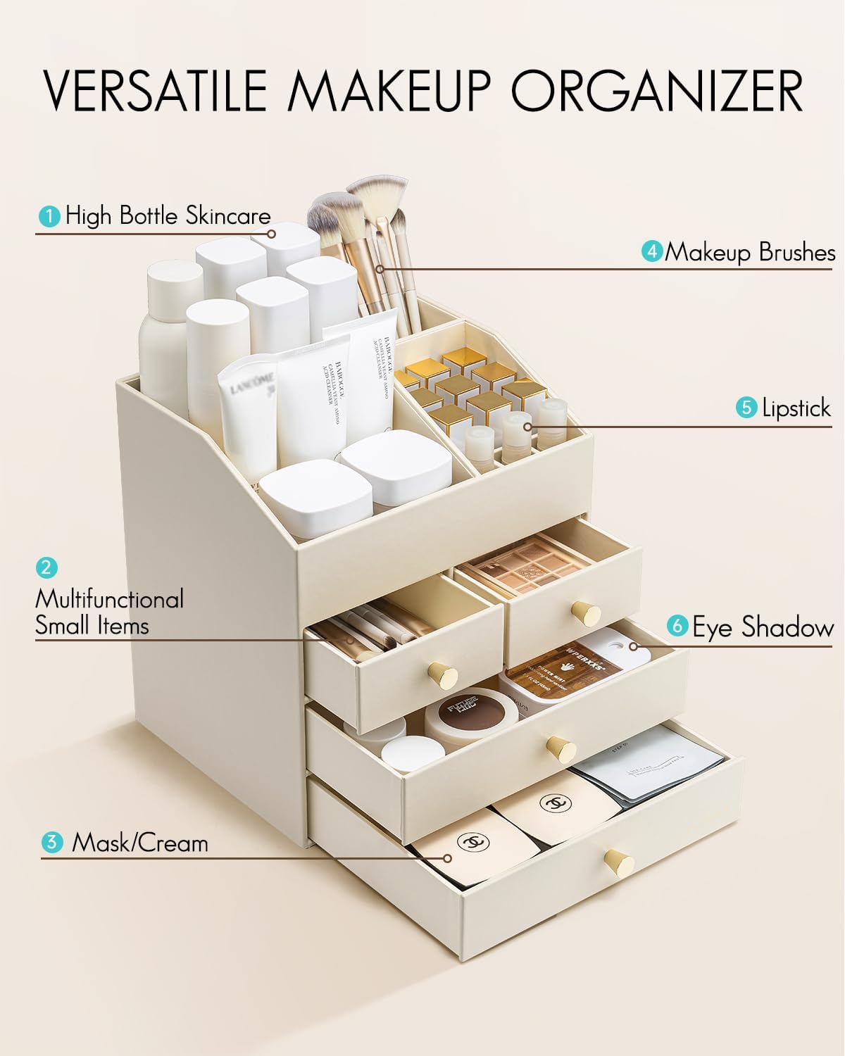 VLANDO Quiet Luxe Large Vanity Makeup Organizer with 3 Drawers