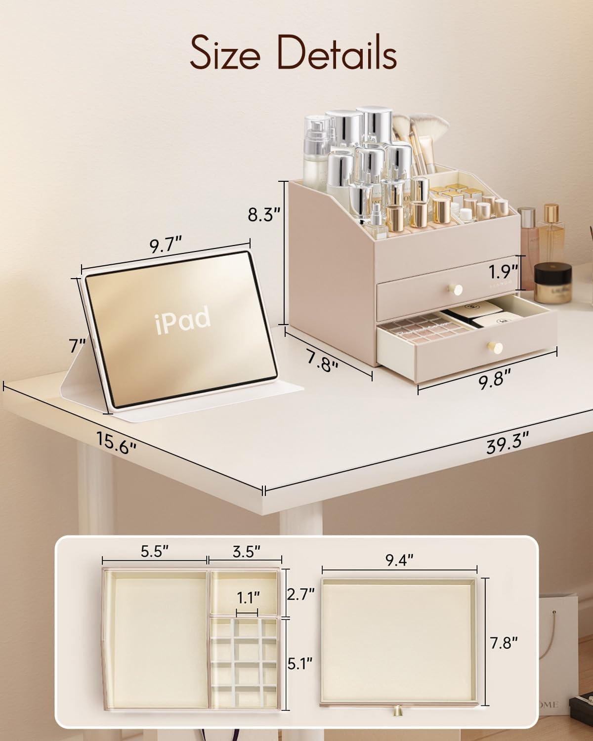 VLANDO Quiet Luxe Vanity & Makeup Organizer with 2 Drawers