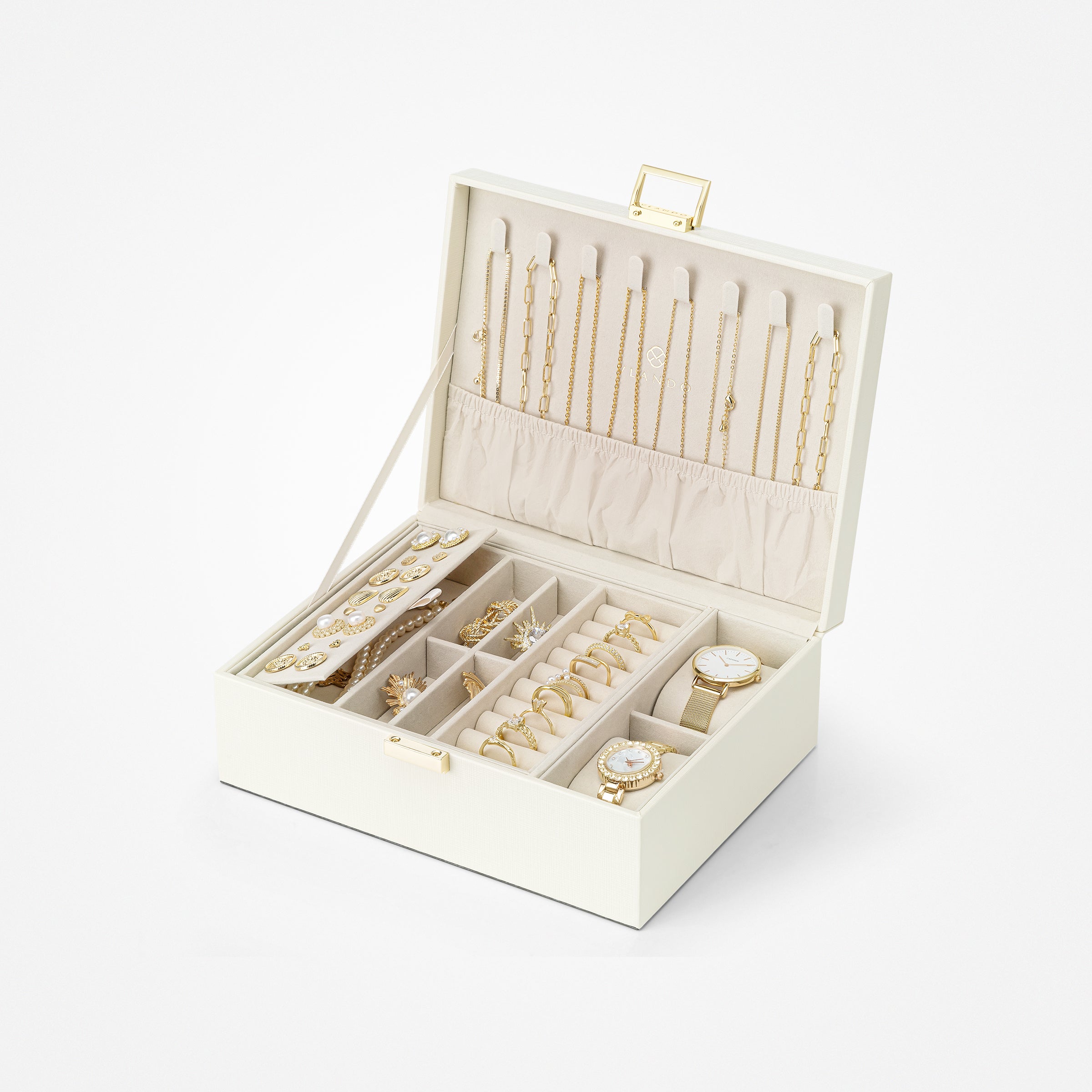 VLANDO Everyday Keepsake 2-Layer Large Leather Jewelry Box Organizer with Removable Tray & Watch Pillow