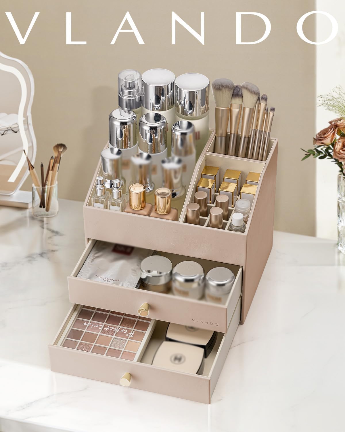 VLANDO Quiet Luxe Vanity & Makeup Organizer with 2 Drawers