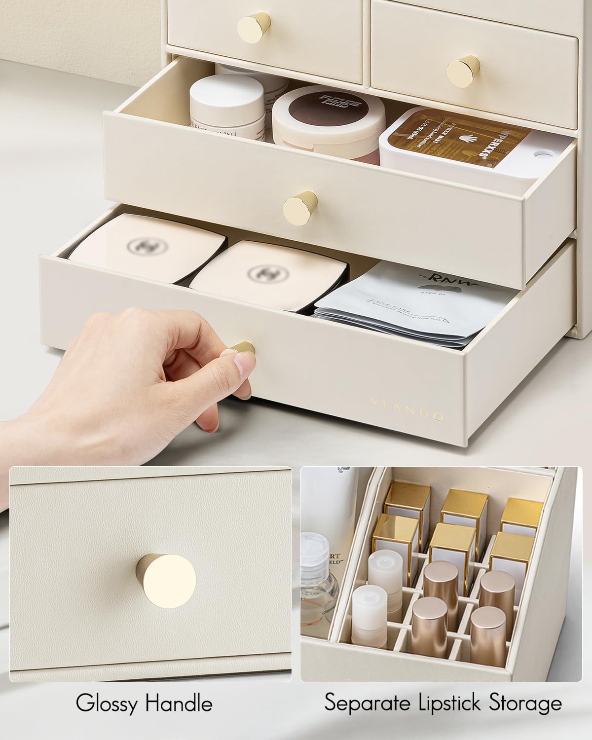 VLANDO Quiet Luxe Large Vanity Makeup Organizer with 3 Drawers