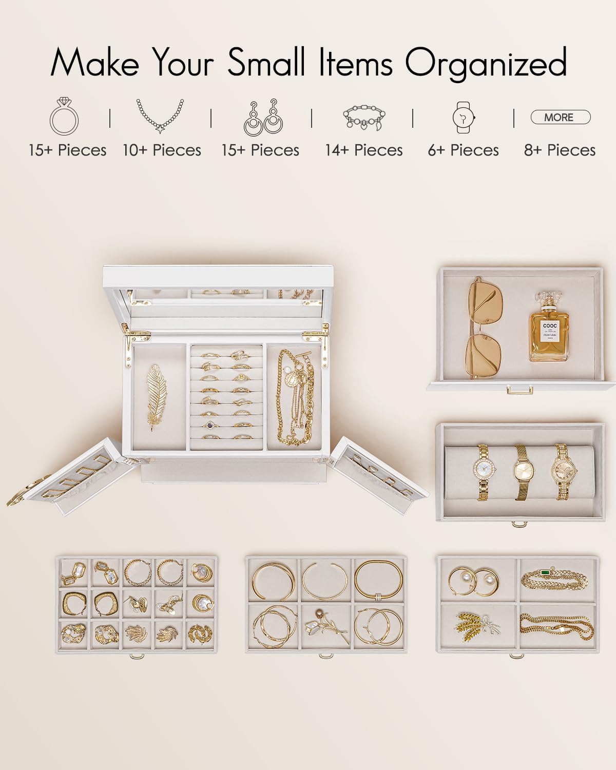 VLANDO Quiet Luxe-Hita Plus,Large Jewelry Box,Faux Leather Jewelry Box with Mirror – 5 Drawer Velvet Organizer