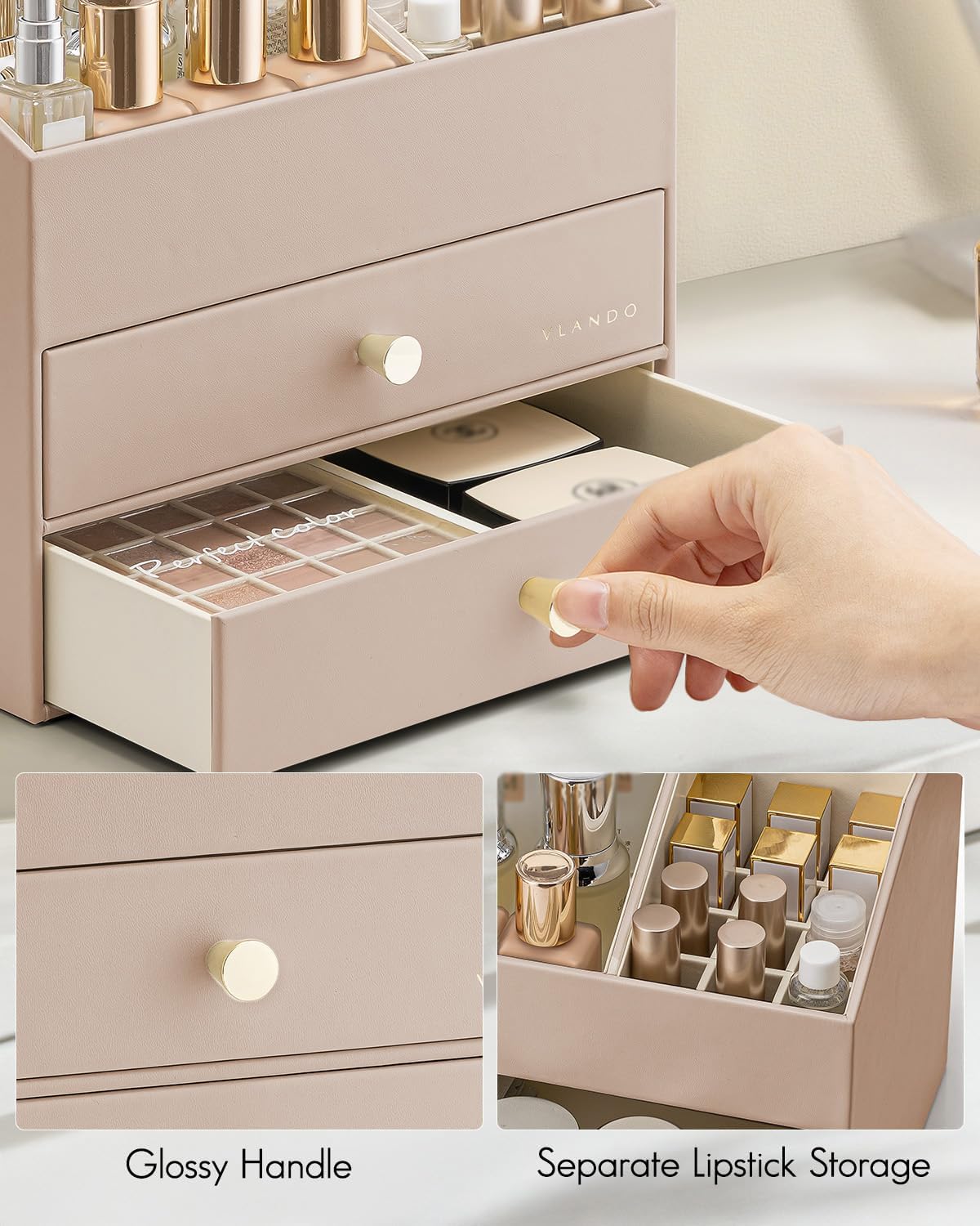 VLANDO Quiet Luxe Vanity & Makeup Organizer with 2 Drawers