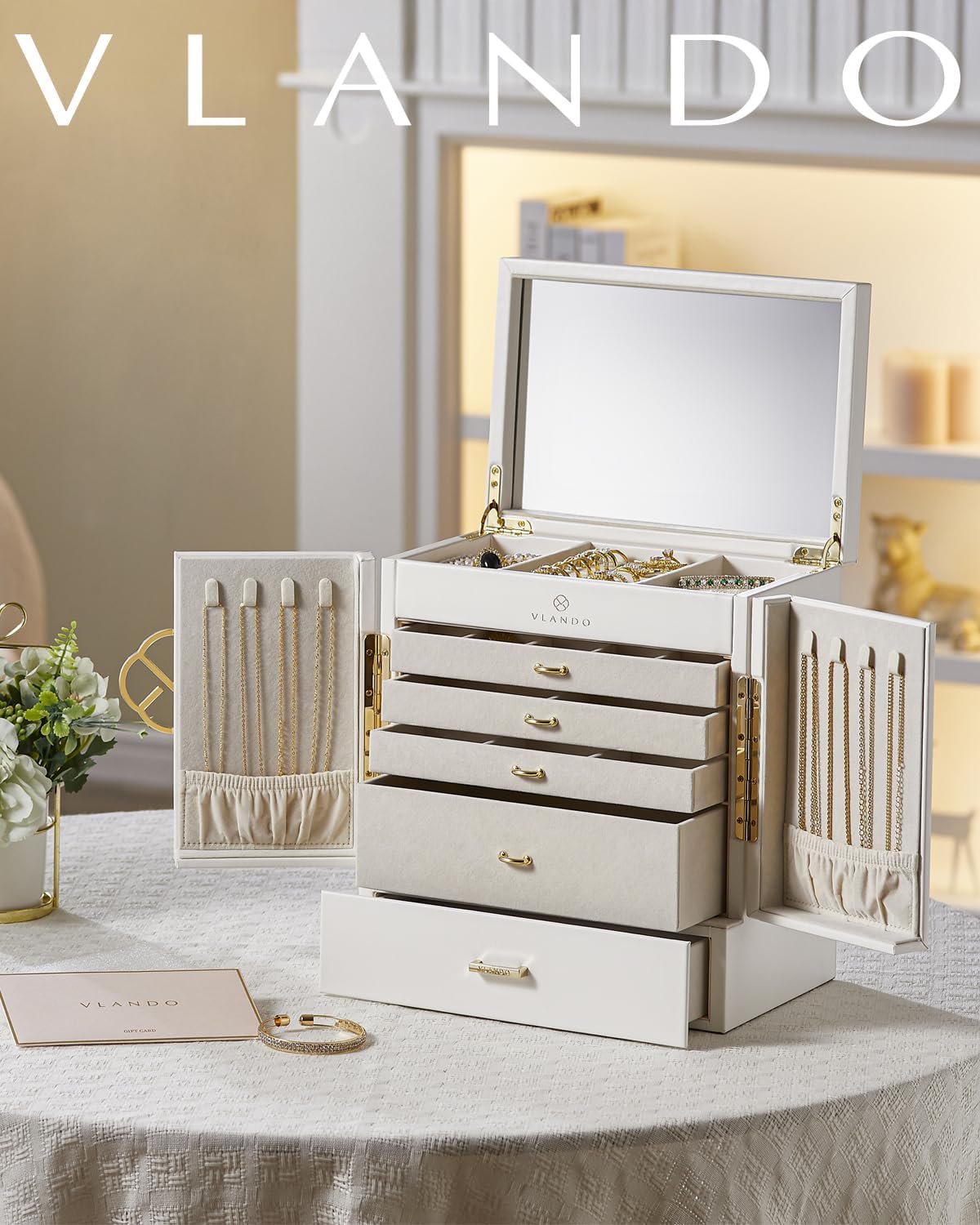 VLANDO Quiet Luxe-Hita Plus,Large Jewelry Box,Faux Leather Jewelry Box with Mirror – 5 Drawer Velvet Organizer