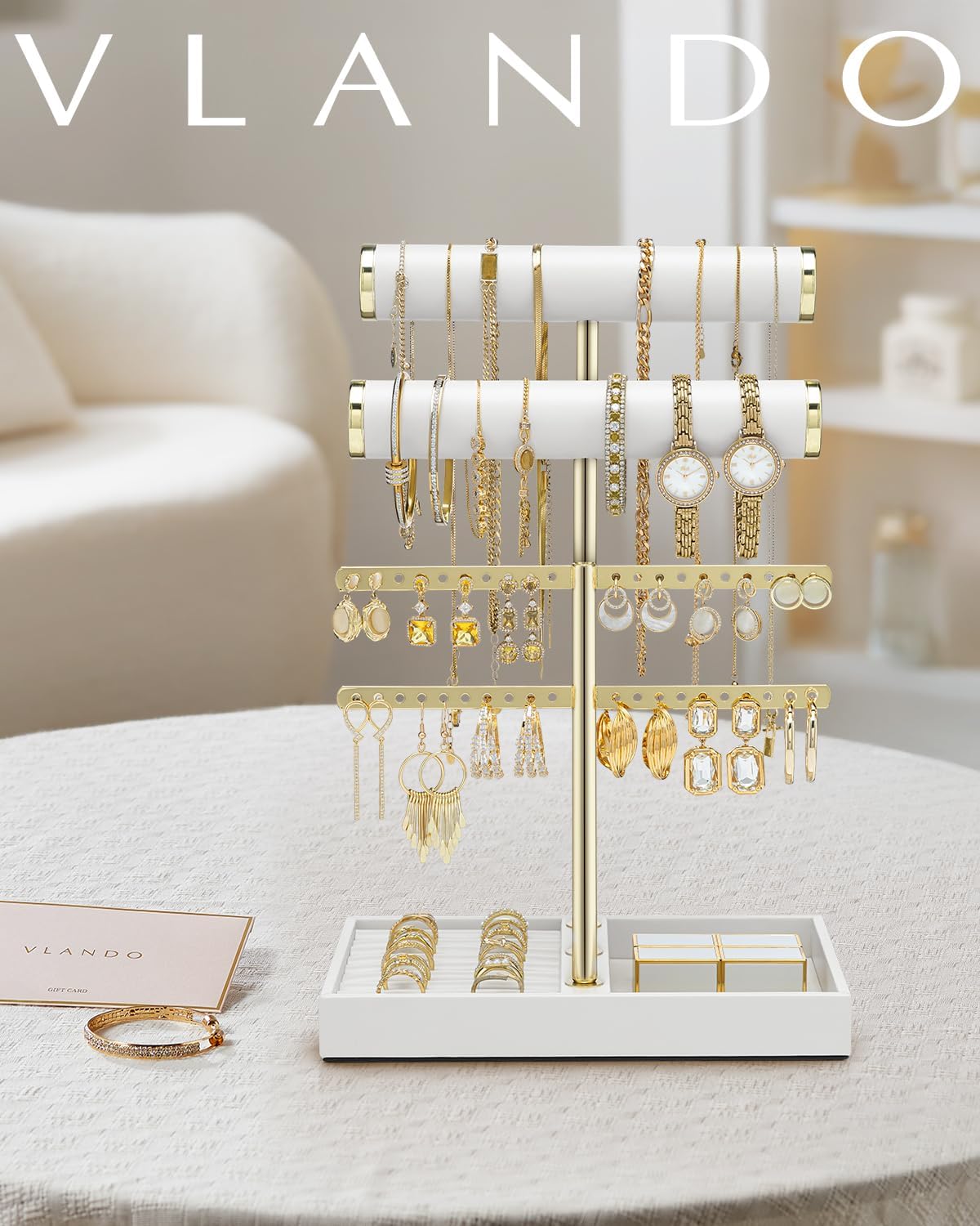 VLANDO Quiet Luxe 3-Tier Jewelry & Necklace Organizer with Tray | Elegant Jewelry Display Stand