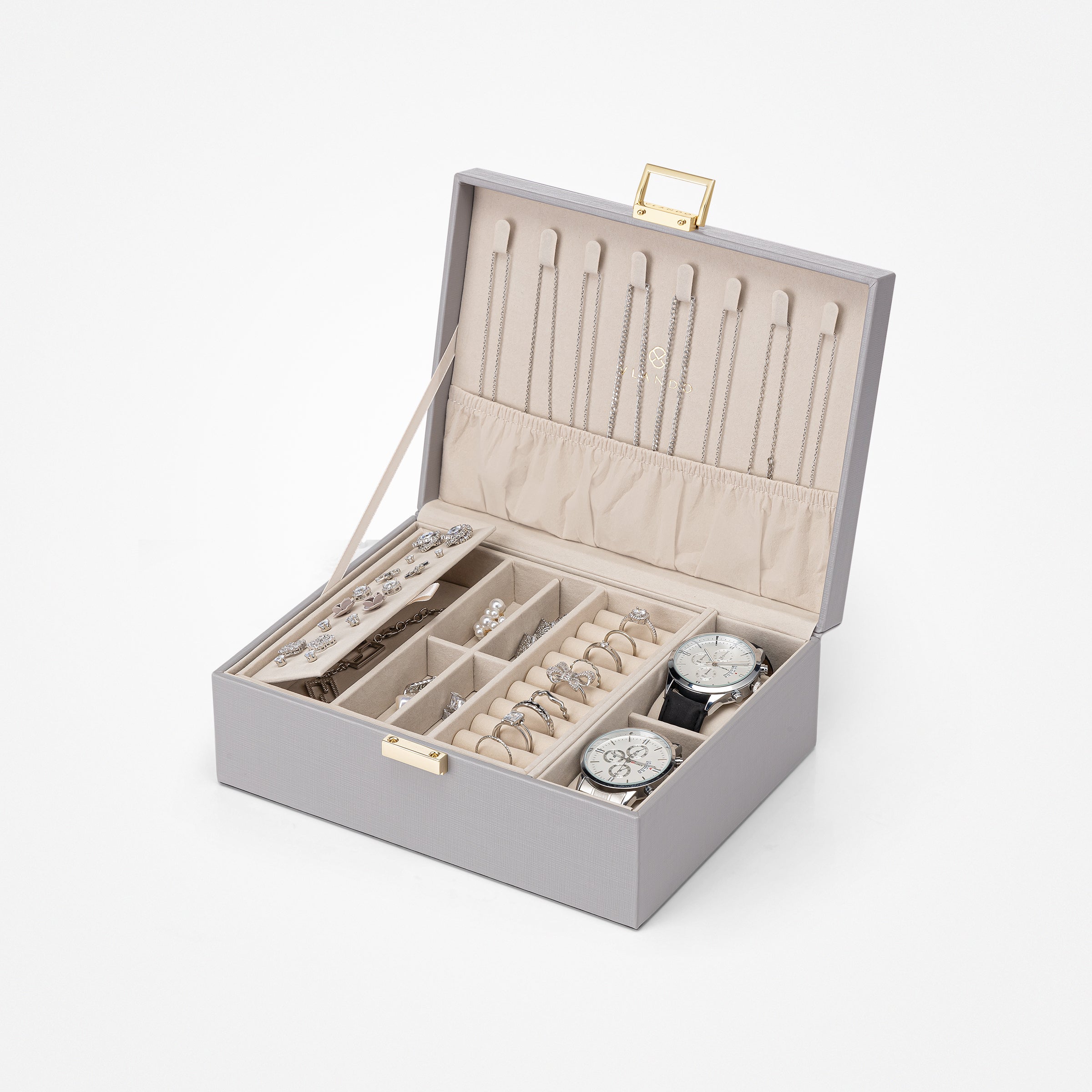 VLANDO Everyday Keepsake 2-Layer Large Leather Jewelry Box Organizer with Removable Tray & Watch Pillow