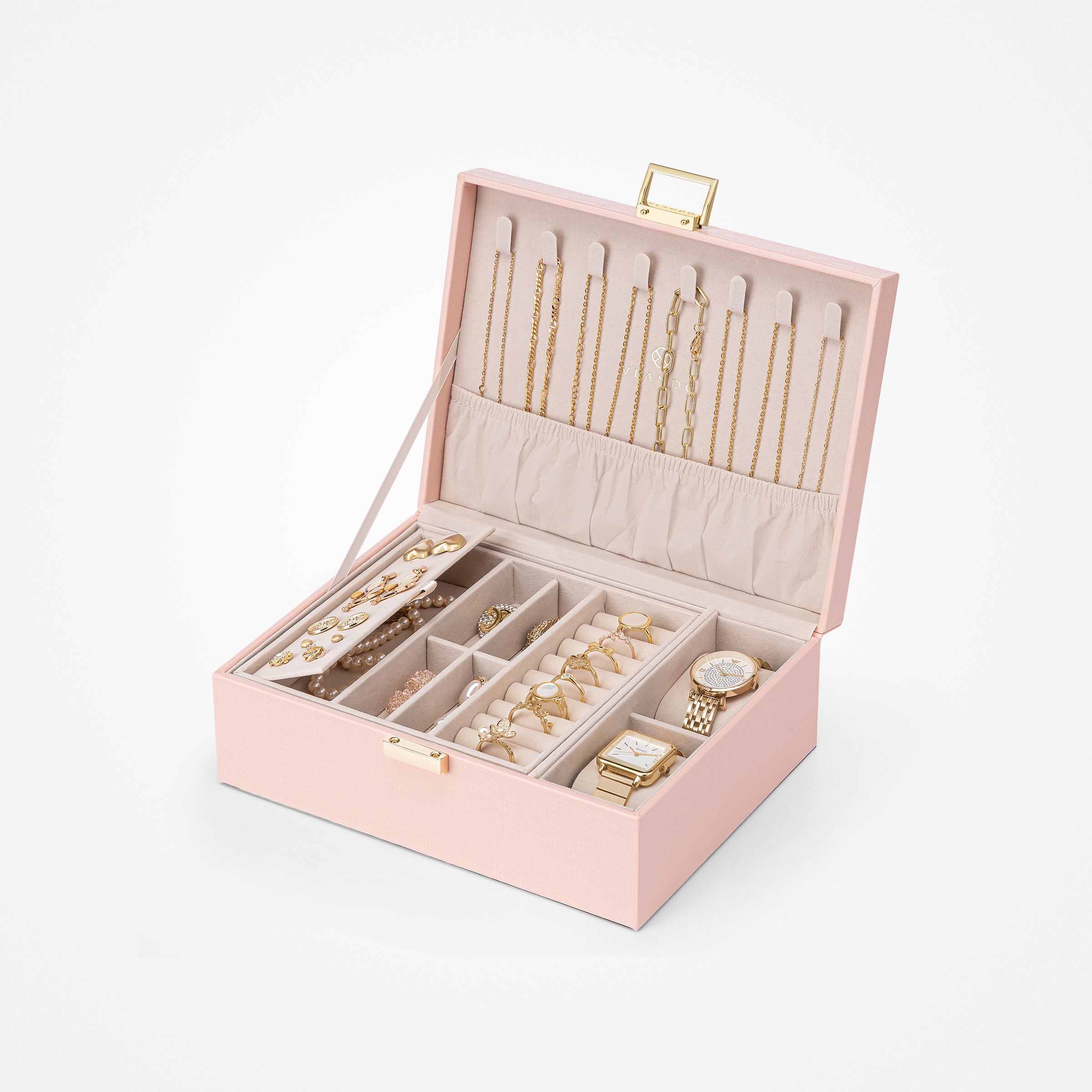 VLANDO Everyday Keepsake 2-Layer Large Leather Jewelry Box Organizer with Removable Tray & Watch Pillow