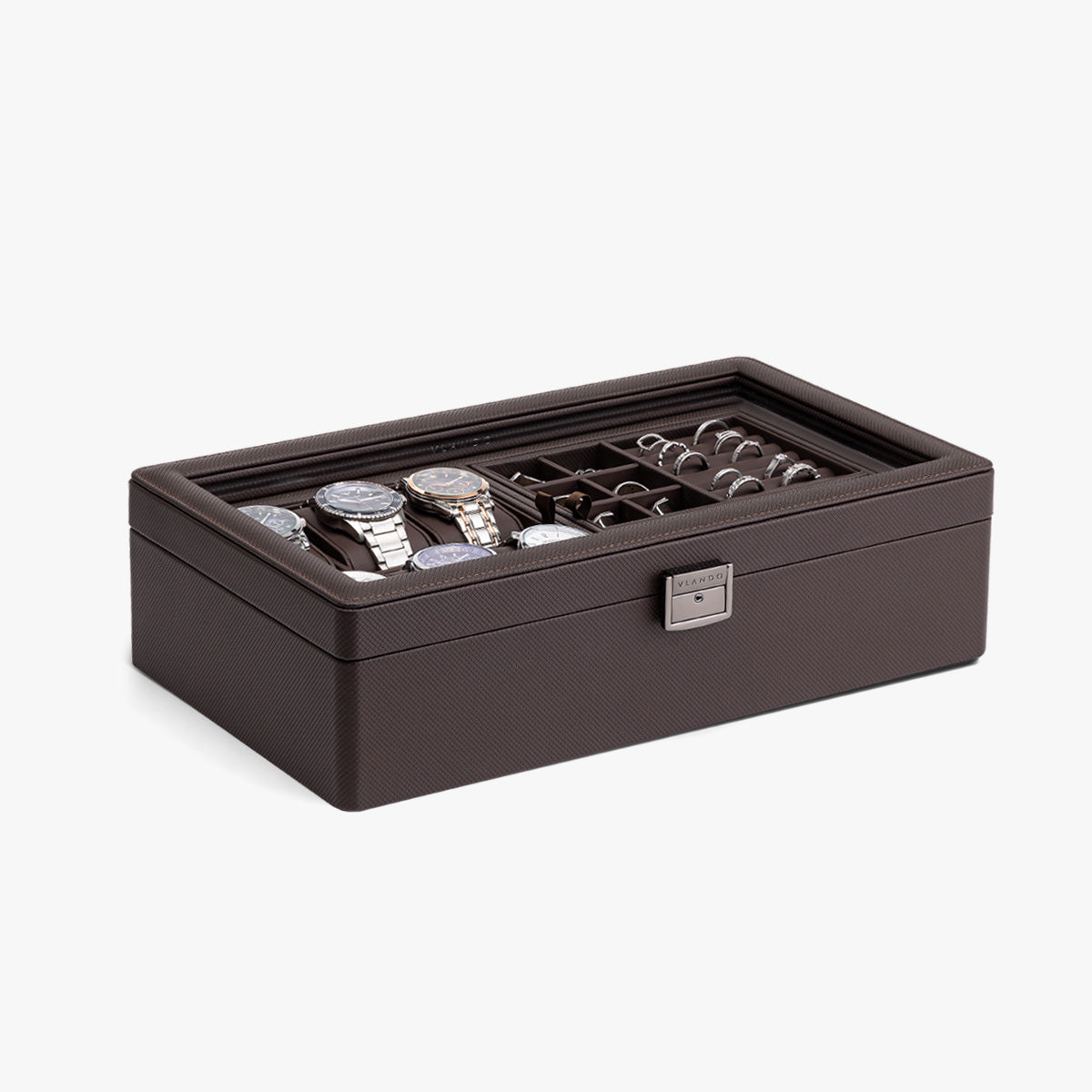 VLANDO Large 6-Slot Lockable Watch Box Organizer with Glass Lid & Accessory Storage